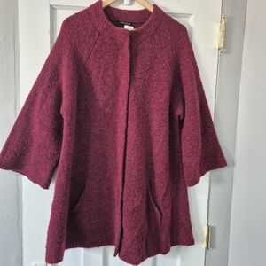 Eileen Fisher Textured Wool Blend Cardigan Coat Burgundy Sz XL